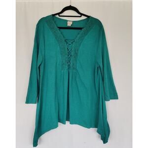 Chico's Kelly Green Top Size L‎ Lagenlook Lace Long Sleeve